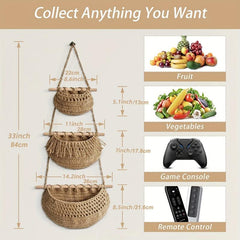 Boho Style Wall Mounted Fruit & Veg Basket w/ Hemp Rope