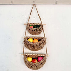 Boho Style Wall Mounted Fruit & Veg Basket w/ Hemp Rope