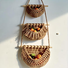 Boho Style Wall Mounted Fruit & Veg Basket w/ Hemp Rope