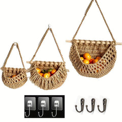 Boho Style Wall Mounted Fruit & Veg Basket w/ Hemp Rope