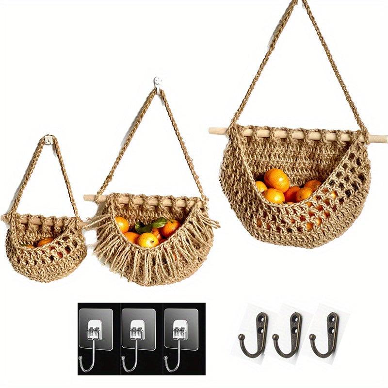 Boho Style Wall Mounted Fruit & Veg Basket w/ Hemp Rope