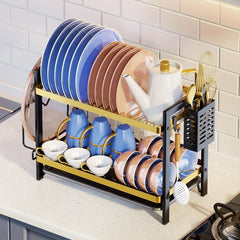 2 Tier Dish Rack With Drainboard Organizer Shelf Set