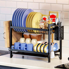 2 Tier Dish Rack With Drainboard Organizer Shelf Set