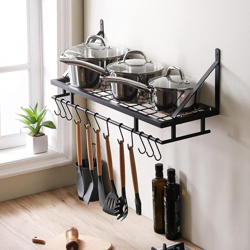 Wall Mounted Kitchen Utensils Hanging Shelf Rack Pot Pan Storage Holder
