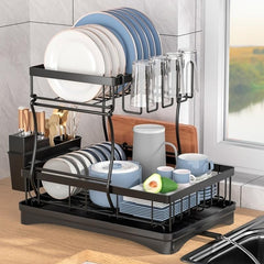 2 Tier Dish Drying Rack Extra Large with Drainboard & Utensil Holder