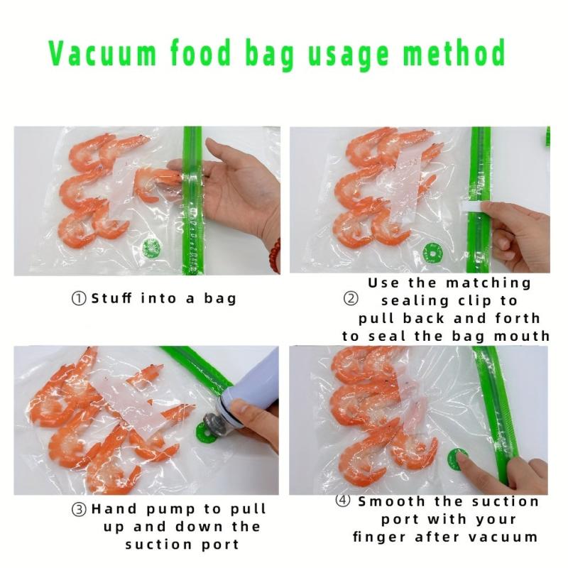 5pcs Vacuum Food Bags, Hand Pump, 2 Clips, Reusable & Durable