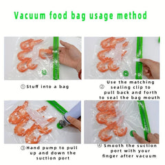 5pcs Vacuum Food Bags, Hand Pump, 2 Clips, Reusable & Durable