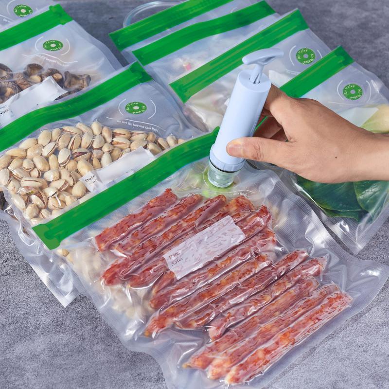 5pcs Vacuum Food Bags, Hand Pump, 2 Clips, Reusable & Durable