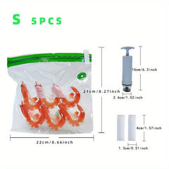 5pcs Vacuum Food Bags, Hand Pump, 2 Clips, Reusable & Durable