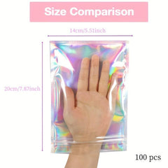 100pcs Holographic Smell Proof Lipgloss Bags Zipper Lock Stand Up Pouch
