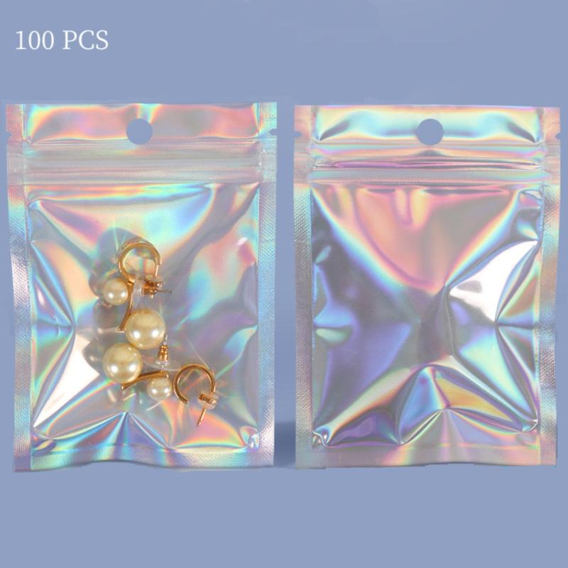 100pcs Holographic Smell Proof Lipgloss Bags Zipper Lock Stand Up Pouch