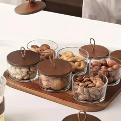 6pcs Nut Dish With Lids & Wooden Tray Snack Jar Fruit Bowl Room Decor