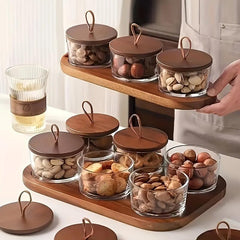 6pcs Nut Dish With Lids & Wooden Tray Snack Jar Fruit Bowl Room Decor