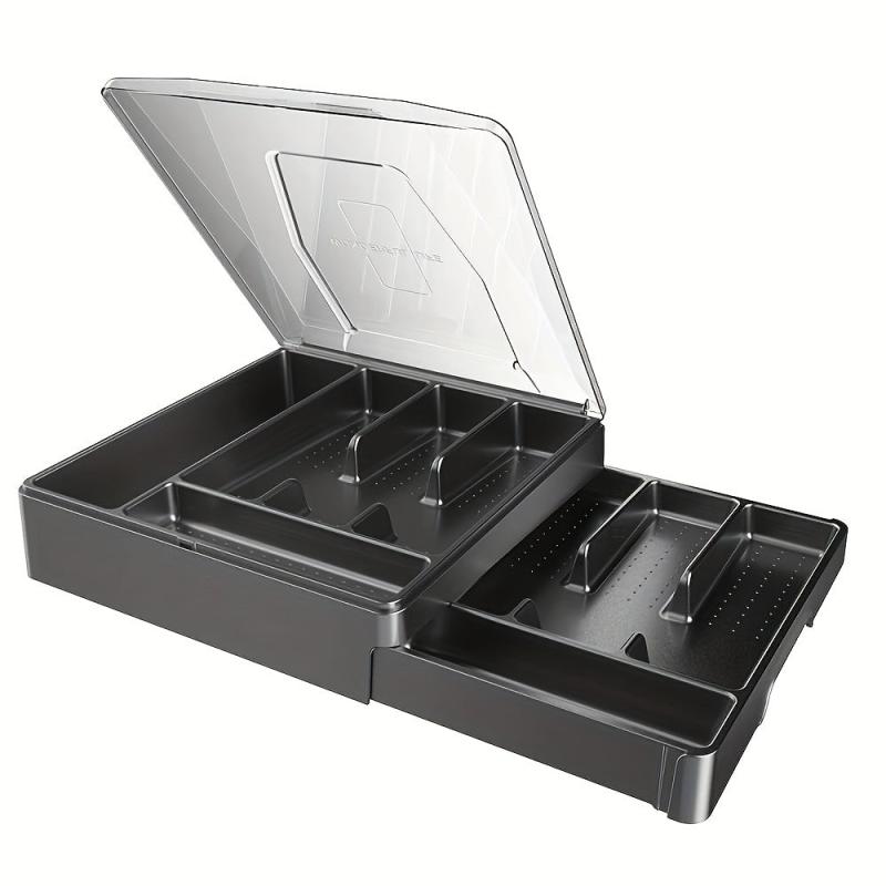 Double Layer Silverware Tray with Lid Drawer Organizer for Utensil Storage