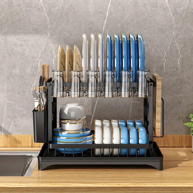 2 Tier Dish Rack with Drainboard & Utensil Holder
