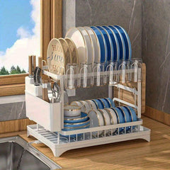 2 Tier Dish Rack with Drainboard & Utensil Holder