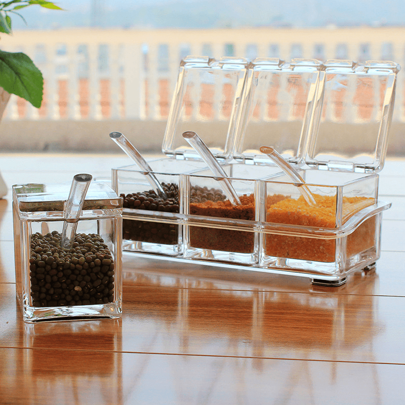4 Compartment Seasoning Box With Spoon Herb Spice Storage Container
