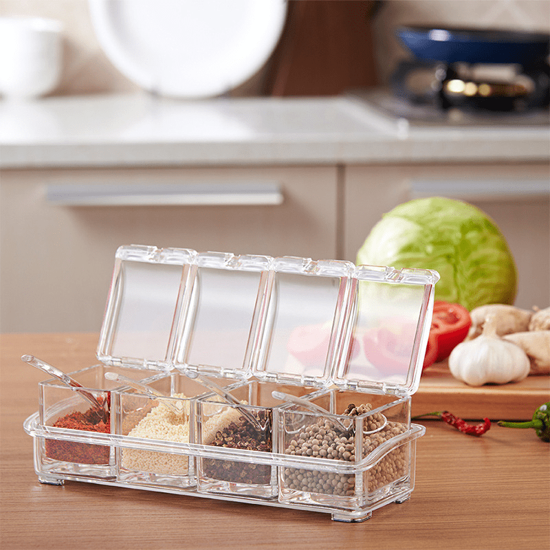 4 Compartment Seasoning Box With Spoon Herb Spice Storage Container