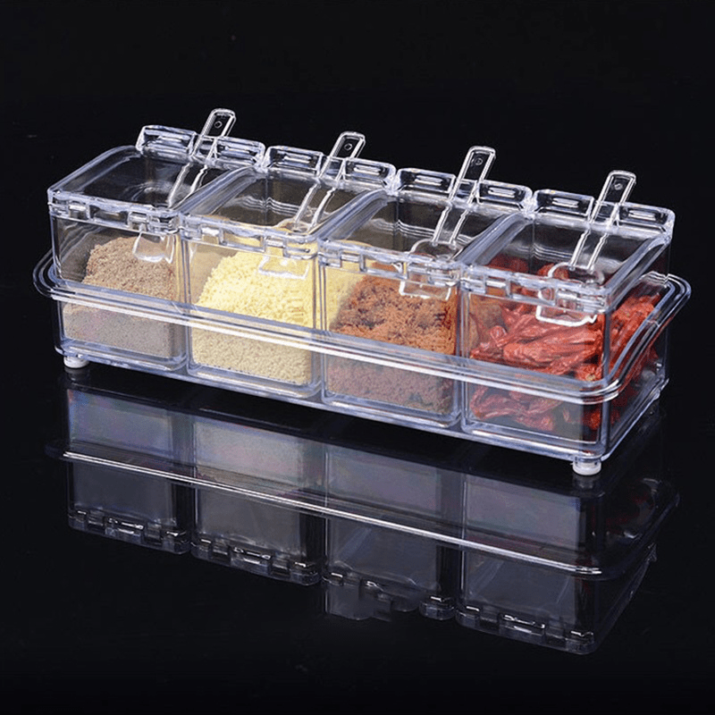 4 Compartment Seasoning Box With Spoon Herb Spice Storage Container