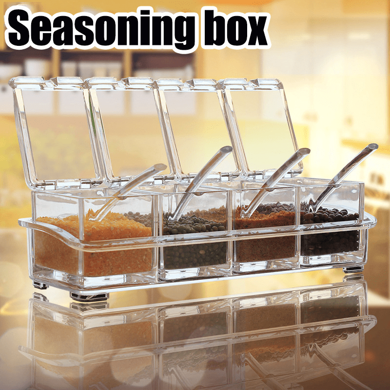4 Compartment Seasoning Box With Spoon Herb Spice Storage Container