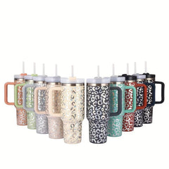 Leopard Print Tumbler 40oz Stainless Steel Thermal Bottle with Lid & Straw