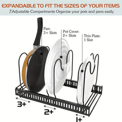 Adjustable Pot Pan Organizer Rack with Dividers & Cutting Board