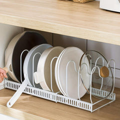 Adjustable Pot Pan Organizer Rack with Dividers & Cutting Board