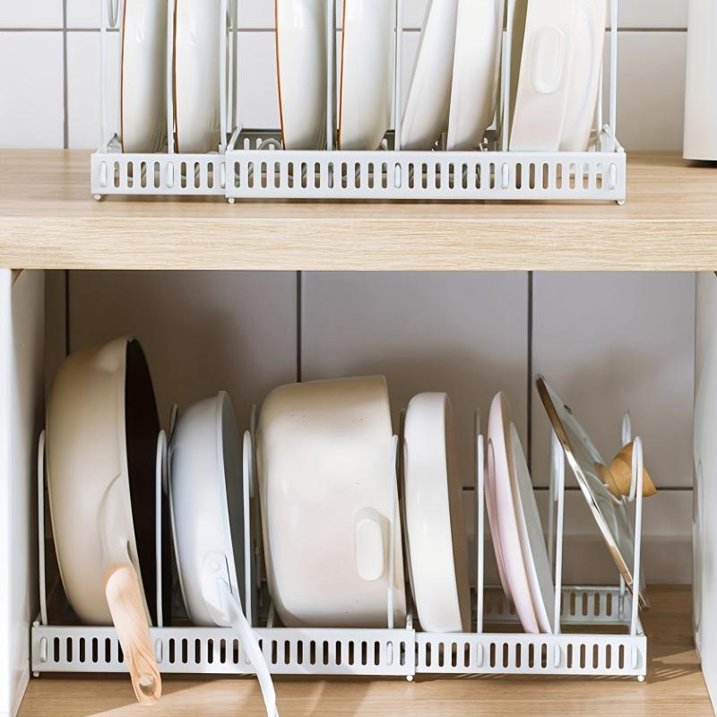 Adjustable Pot Pan Organizer Rack with Dividers & Cutting Board