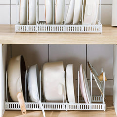 Adjustable Pot Pan Organizer Rack with Dividers & Cutting Board