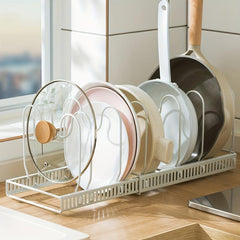 Adjustable Pot Pan Organizer Rack with Dividers & Cutting Board