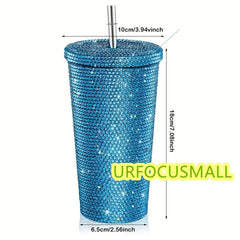Glitter Tumbler w/ Straw Rhinestone Bling Vacuum Flask Leakproof Insulated Cup