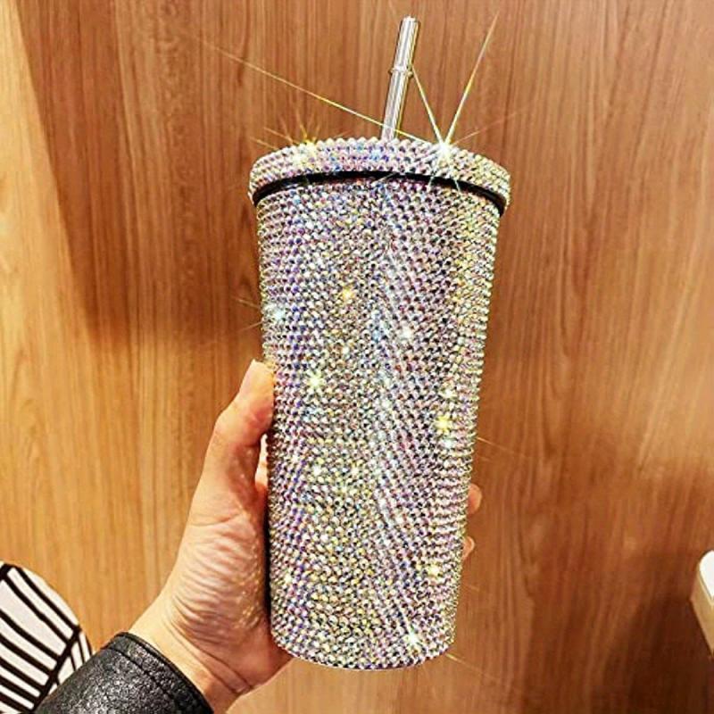 Glitter Tumbler w/ Straw Rhinestone Bling Vacuum Flask Leakproof Insulated Cup