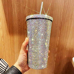Glitter Tumbler w/ Straw Rhinestone Bling Vacuum Flask Leakproof Insulated Cup