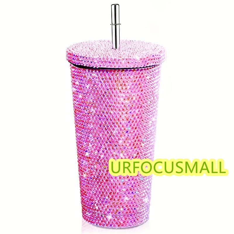 Glitter Tumbler w/ Straw Rhinestone Bling Vacuum Flask Leakproof Insulated Cup
