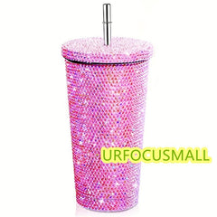 Glitter Tumbler w/ Straw Rhinestone Bling Vacuum Flask Leakproof Insulated Cup
