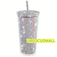 Glitter Tumbler w/ Straw Rhinestone Bling Vacuum Flask Leakproof Insulated Cup
