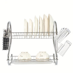 Large Capacity Double Layer Dish Rack with Water Filter Bowl Holder Cup Holder