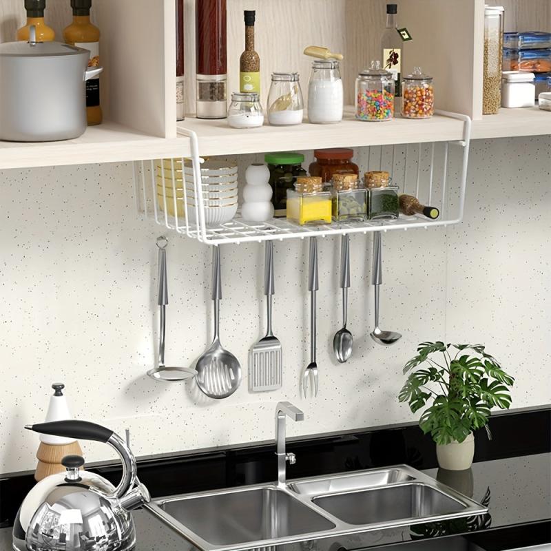 1pc Metal Storage Shelf Under Cabinet Organizer Hanging Basket Black