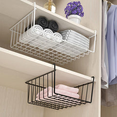 1pc Metal Storage Shelf Under Cabinet Organizer Hanging Basket Black