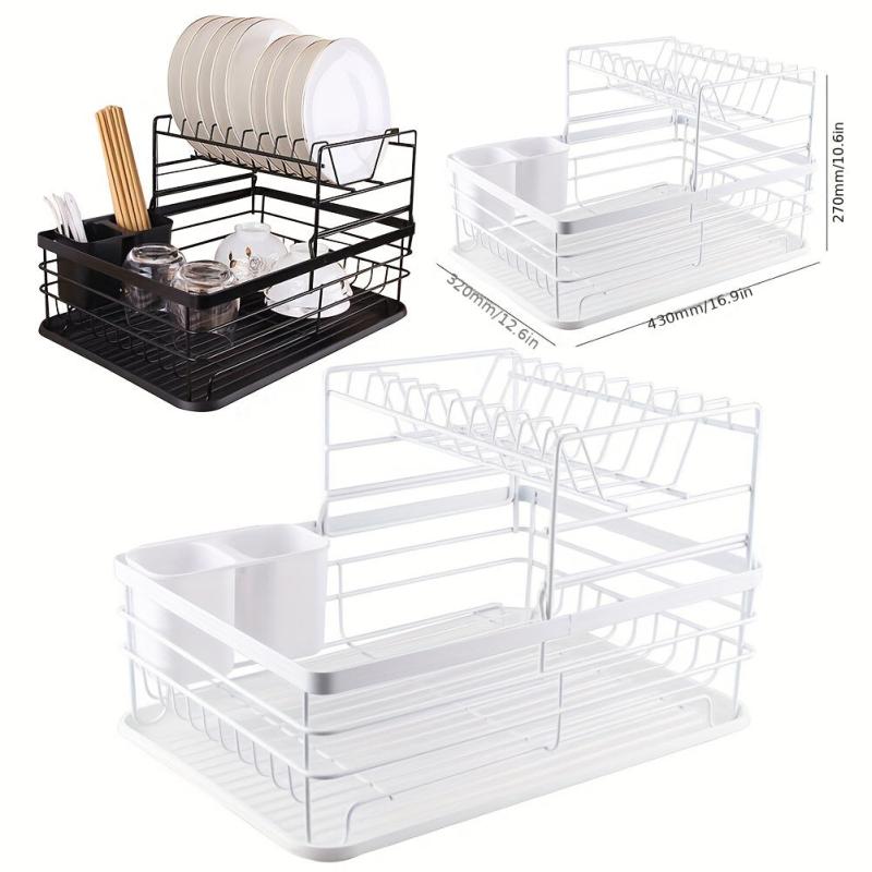 2 Tier Stainless Steel Dishes Drying Rack with Drain Board