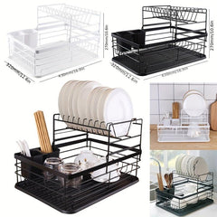 2 Tier Stainless Steel Dishes Drying Rack with Drain Board