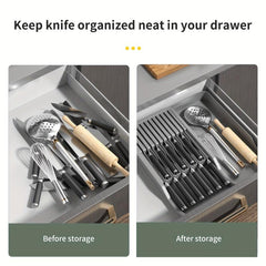 2 Tier Block with Storage Tray Organize 11 Knives & Flatware in Gray