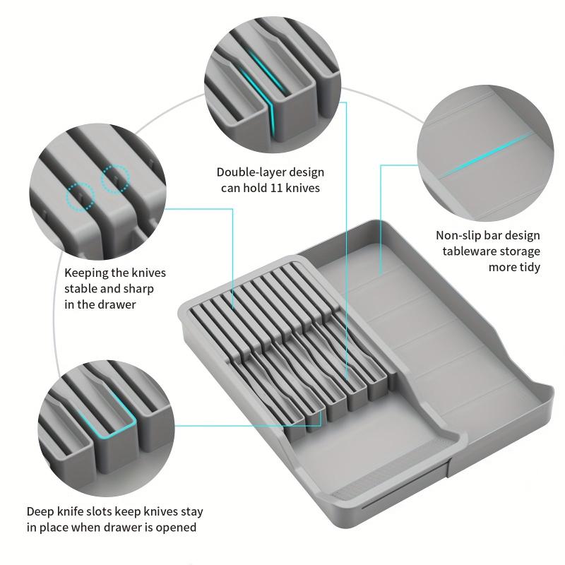 2 Tier Block with Storage Tray Organize 11 Knives & Flatware in Gray