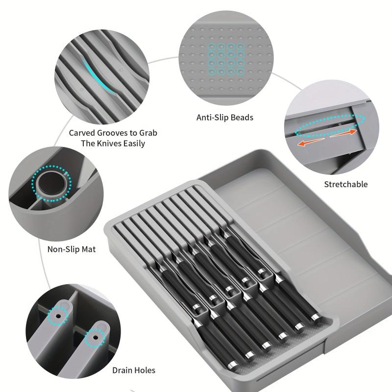 2 Tier Block with Storage Tray Organize 11 Knives & Flatware in Gray