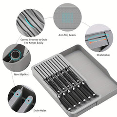 2 Tier Block with Storage Tray Organize 11 Knives & Flatware in Gray