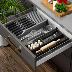 2 Tier Block with Storage Tray Organize 11 Knives & Flatware in Gray