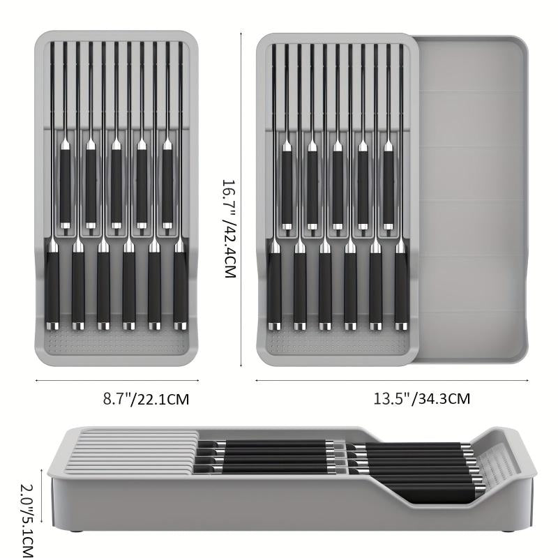 2 Tier Block with Storage Tray Organize 11 Knives & Flatware in Gray