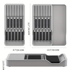 2 Tier Block with Storage Tray Organize 11 Knives & Flatware in Gray