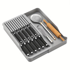 2 Tier Block with Storage Tray Organize 11 Knives & Flatware in Gray