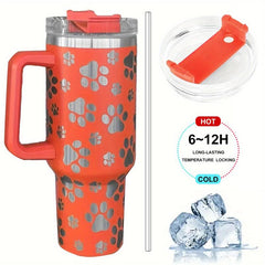 40oz Stainless Steel Tumbler Cat Paw Pattern Handle Portable Thermal Bottle